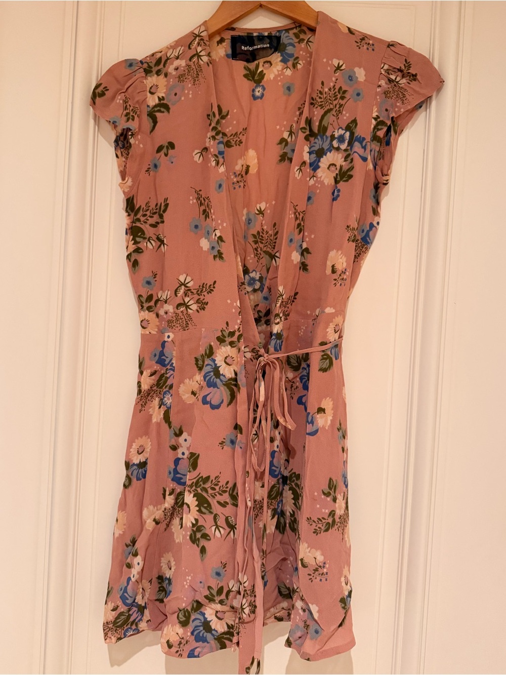 Reformation Dusty Pink Floral Wrap Dress with Blue Blooms